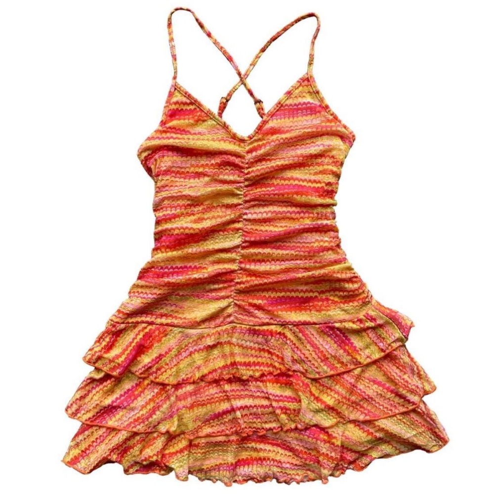 New Wild Fable Orange Zig Zag Ruched Front Tiered Adjustable Dress (Medium)